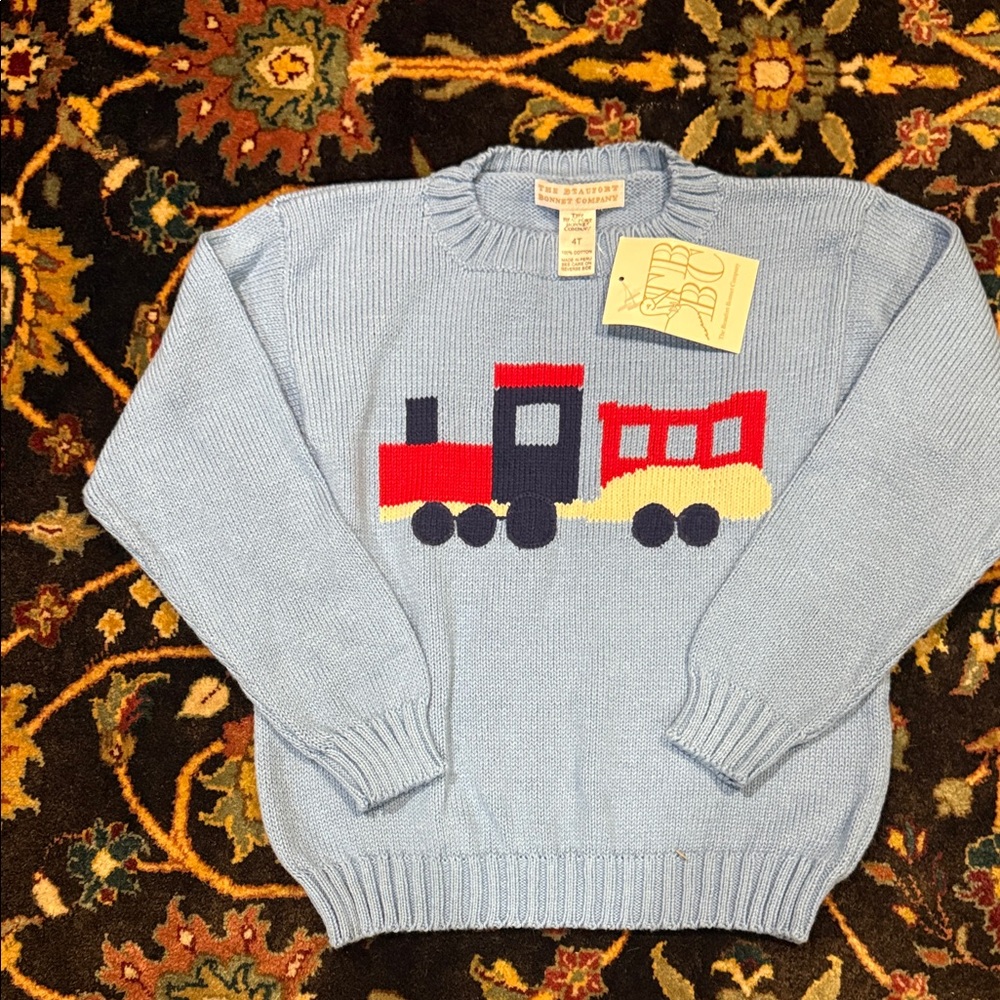 The Beaufort Bonnet Company Light Blue Sweater with Train Design